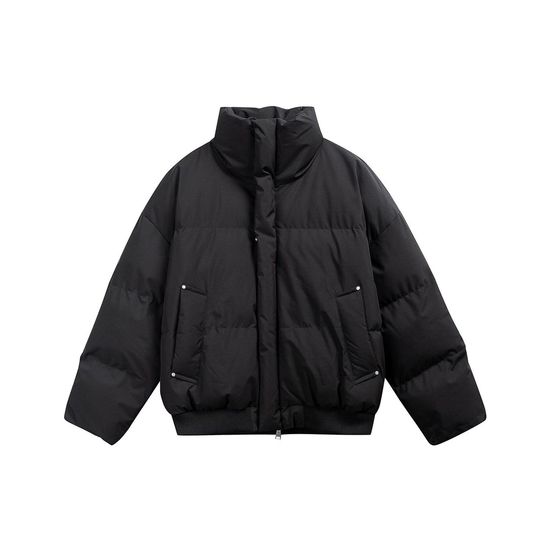 Women's short padded quilted jacket in boxy cut with high stand-up collar and ribbed hem Mune Fashion