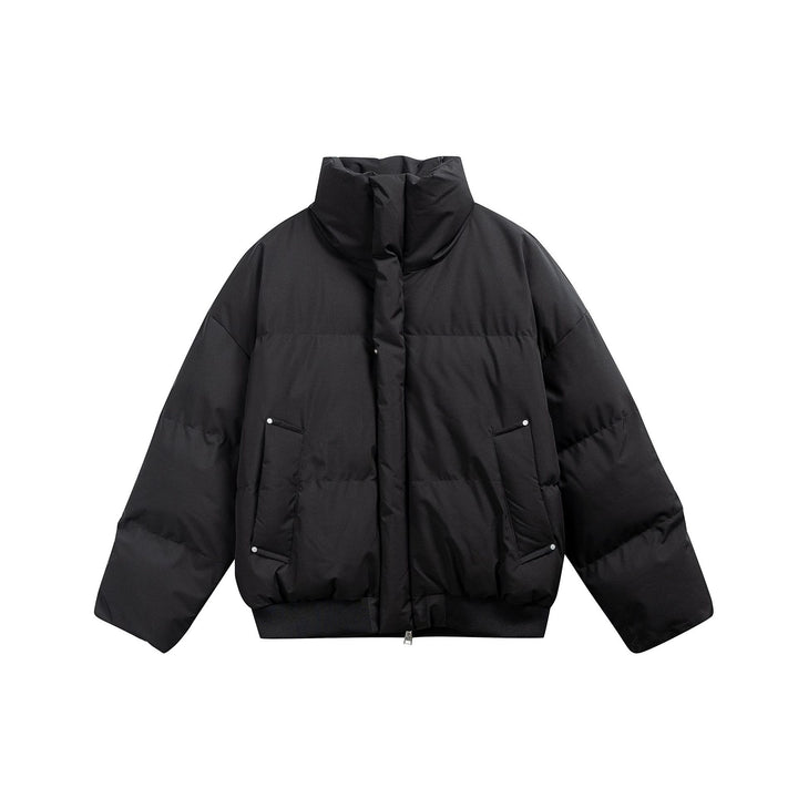 Women's short padded quilted jacket in boxy cut with high stand-up collar and ribbed hem Mune Fashion