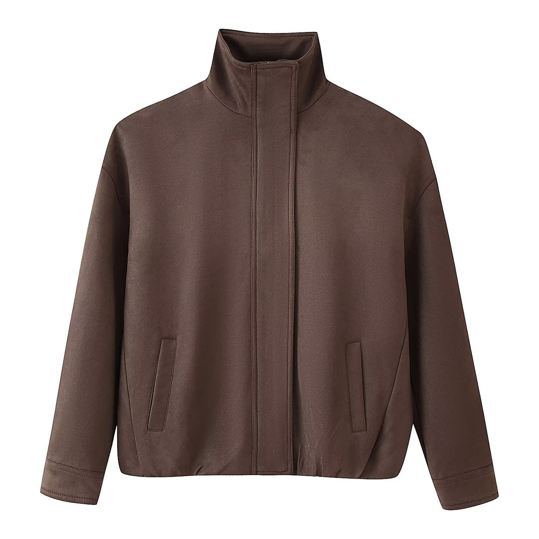 Women's Short Boxy Jacket with Funnel Collar and Concealed Front Mune Fashion