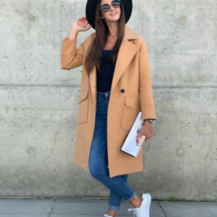 Women's Midi-Length Wool Blend Coat in Clean-Cut with Notched Collar and Patch Pockets Mune Fashion
