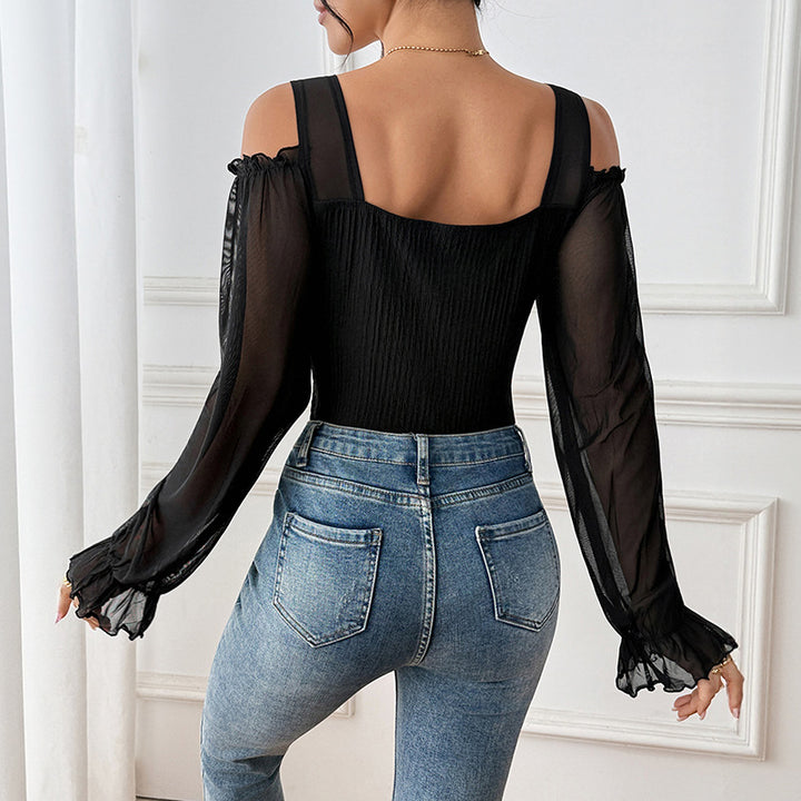 Women Tailored Mesh Bodysuit with Heart-Shaped Neckline, Puff Sleeves and Shaping Ribbed Body Mune Fashion