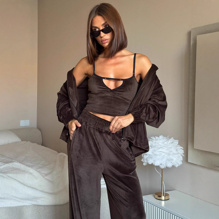 Women's loungewear set with lightweight zip hoodie, elastic cuffs, and wide palazzo pants Mune Fashion
