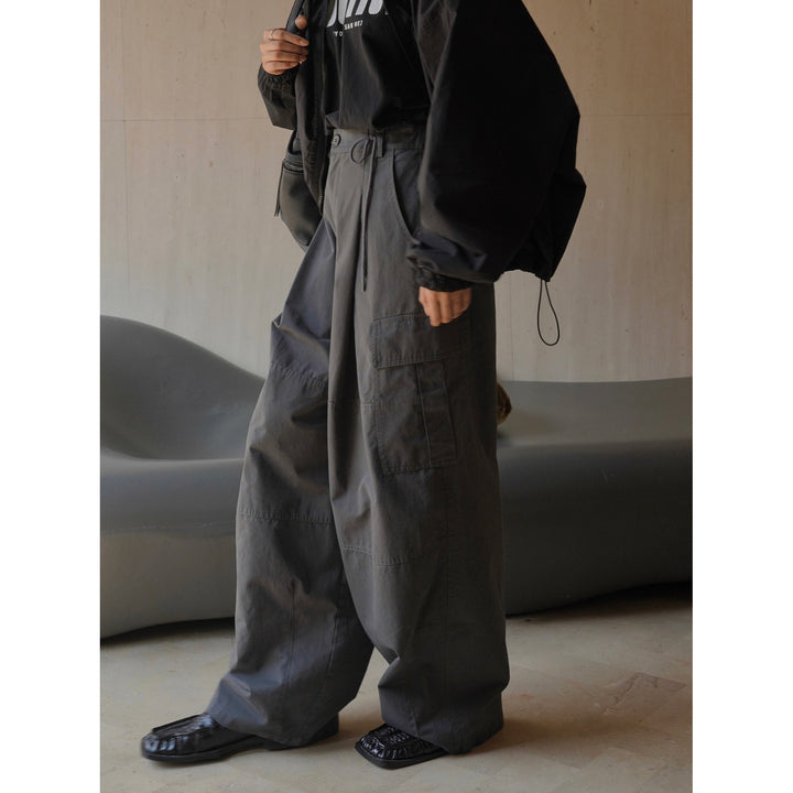 Women's Wide High-Waist Cargo Palazzo Pants with Drawstring Waistband and Patch Pockets Mune Fashion