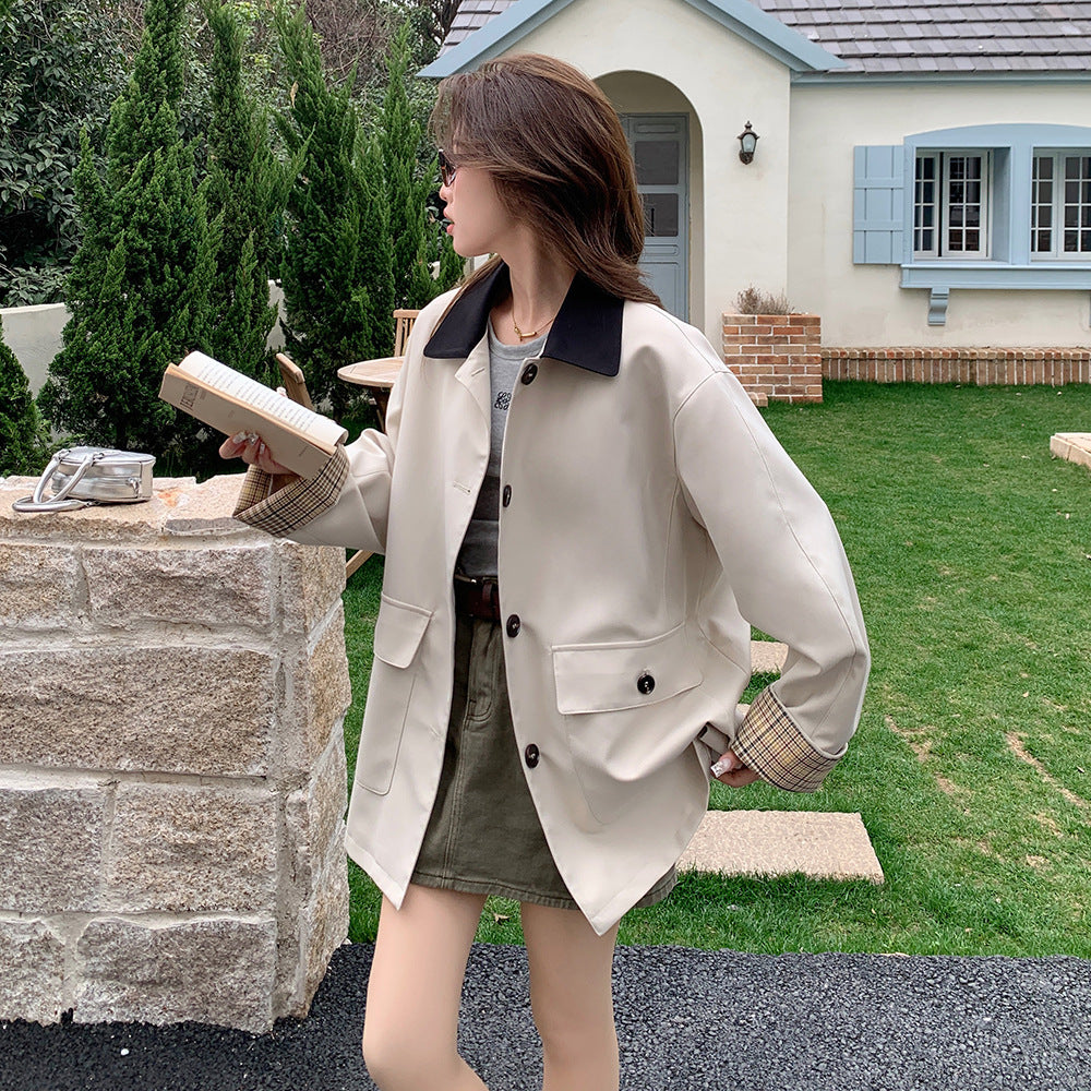 Women's Oversized Transitional Jacket with Contrast Collar and Checked Cuff Mune Fashion