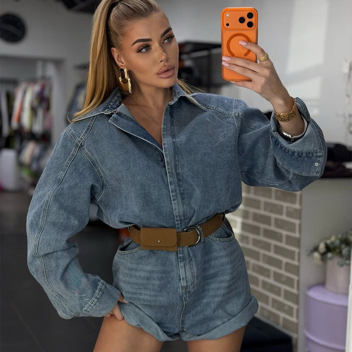 Women's Denim Shorts Overall with Boxy Shirt Top and Waist Belt Mune Fashion