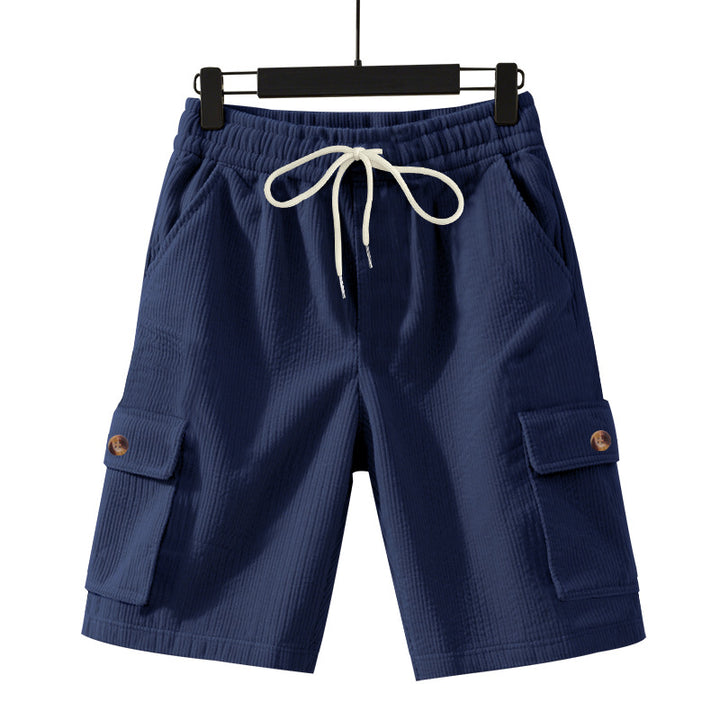 Men's cord cargo shorts with elastic drawstring waistband, patch cargo pockets, and soft cotton blend Mune Fashion