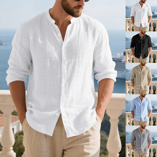 Men's relaxed long-sleeve shirt made of airy linen-cotton blend with Mandarin collar and rounded hem Mune Fashion