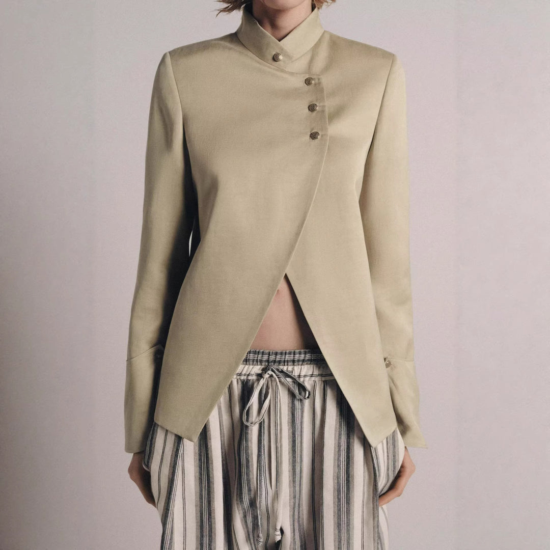 Women Elegant Cape Short Coat with Stand Collar, Asymmetrical Overlap and Sleeve Flaps Mune Fashion