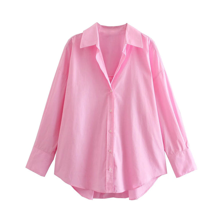 Women's oversized long blouse with Kent collar, continuous button placket and rounded hem Mune Fashion