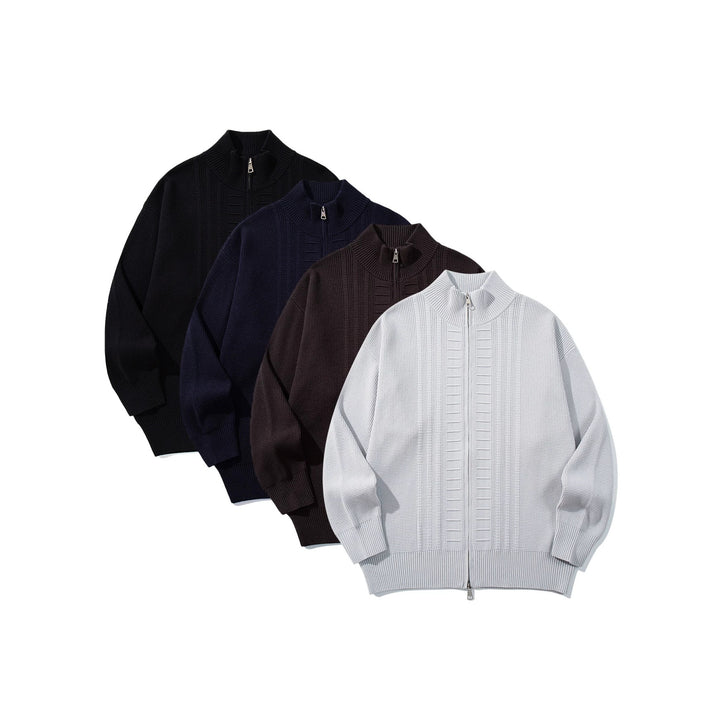 Men's chunky knit zip jacket with stand-up collar and two-way opening zipper Mune Fashion