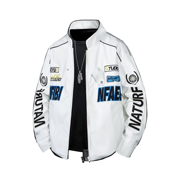 Men's  patch-detail street-style zip-up jacket with stand collar and graphic sleeve prints Mune Fashion