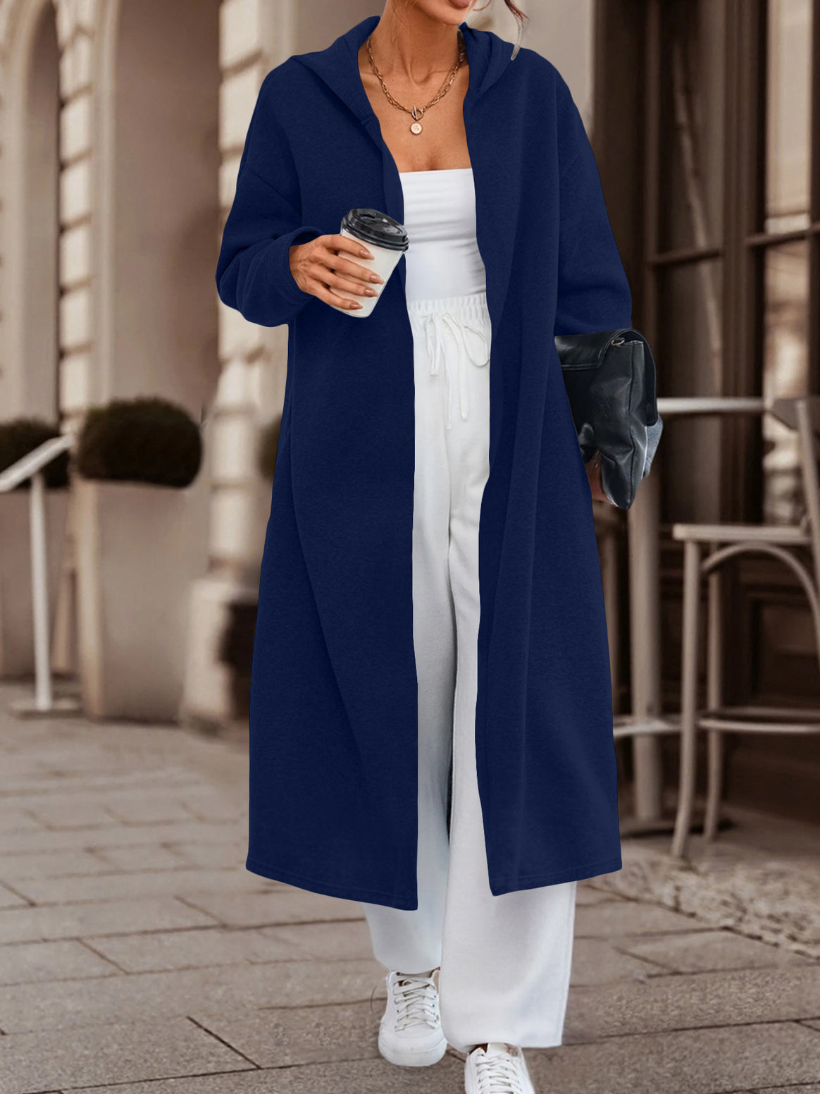 Women Long Oversized Hooded Coat with Open Front and Soft Fleece Lining