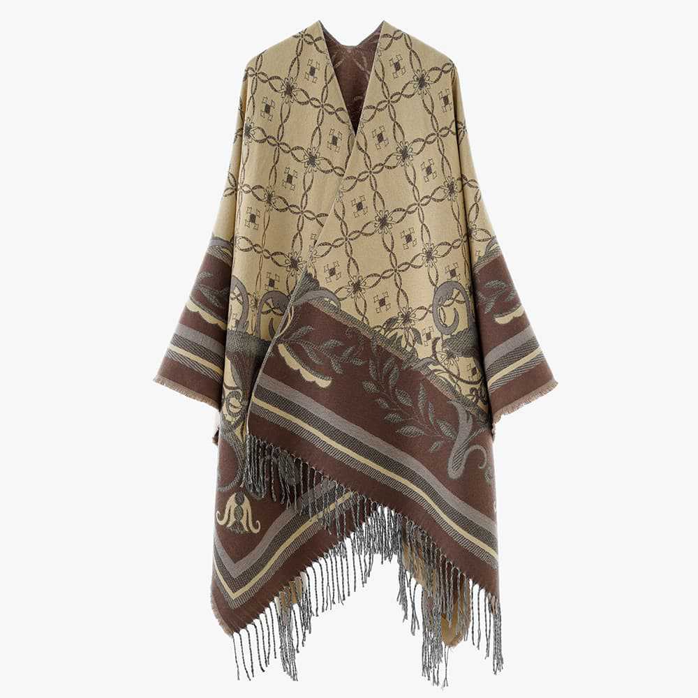 Women's Light Jacquard Caftan Style Throw with Decorative Fringes Mune Fashion