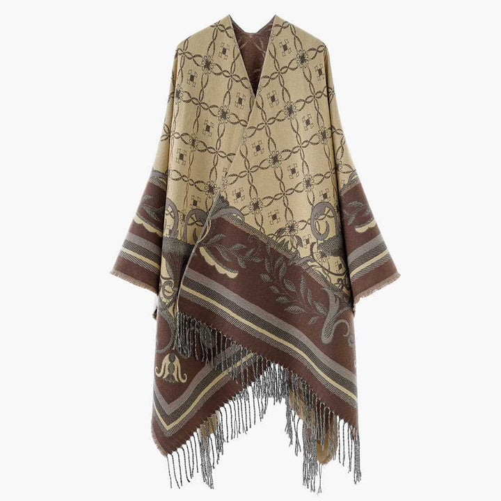 Women's Light Jacquard Caftan Style Throw with Decorative Fringes Mune Fashion