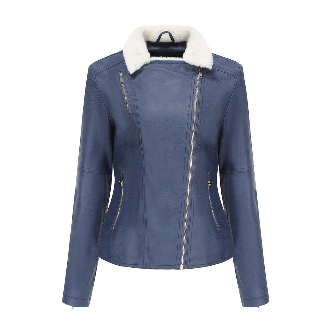 Women's fitted faux leather biker jacket with detachable faux fur collar and diagonal zipper Mune Fashion