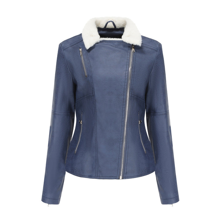 Women's fitted faux leather biker jacket with detachable faux fur collar and diagonal zipper Mune Fashion