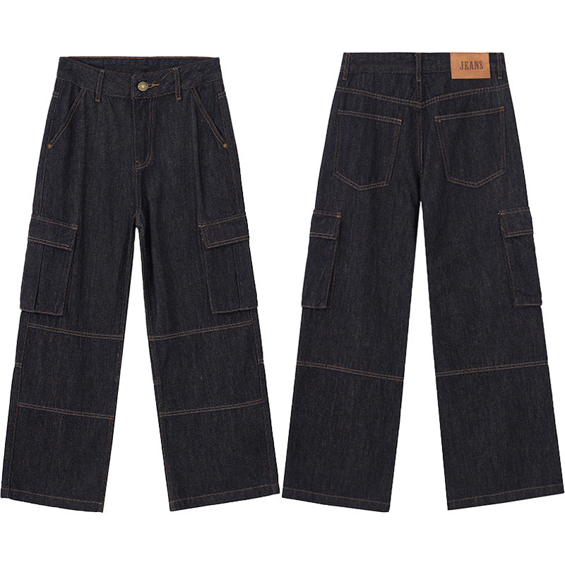 Men's Loose Denim Cargo Palazzo Pants with Panel Seams, Flap Pockets and Raw Finish Mune Fashion