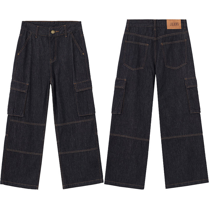 Men's Loose Denim Cargo Palazzo Pants with Panel Seams, Flap Pockets and Raw Finish Mune Fashion
