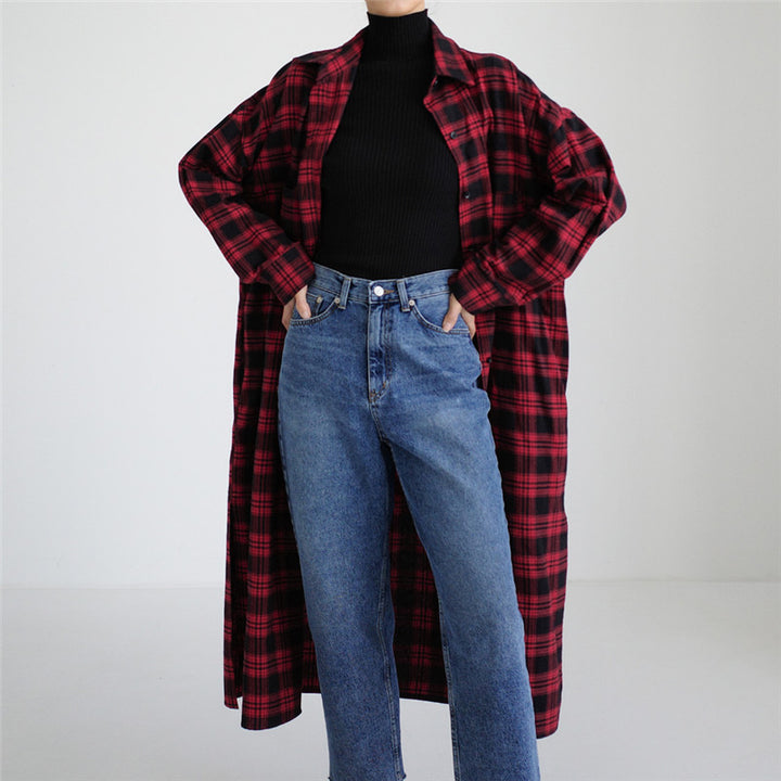 Women's Long Checked Shirt Coat with Waistband and Side Slits Mune Fashion