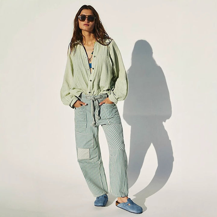 Women casual striped linen pants with drawstring and patch pockets Mune Fashion