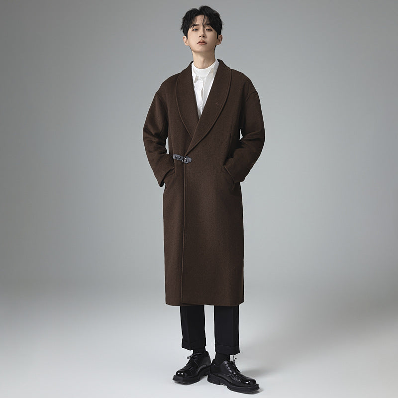 Men's maxi-length wool blend overcoat in oversized fit with wide shawl collar and decorative belt Mune Fashion