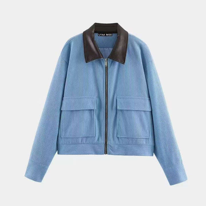 Women's Short Cord Jacket in Blouson Style with Leather Collar and Flap Pockets Mune Fashion