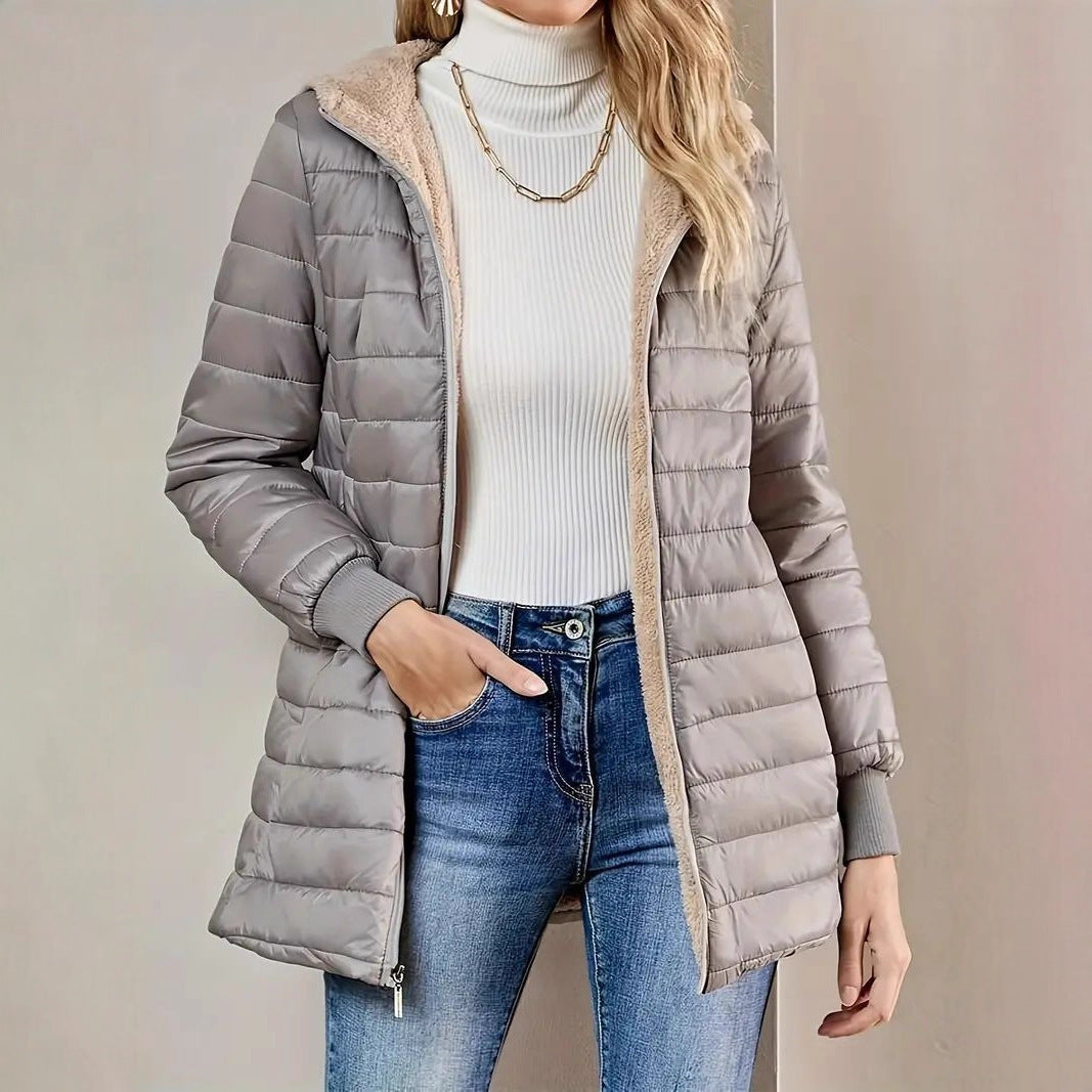 Women Long Padded Coat with Teddy Lining and Hood Mune Fashion