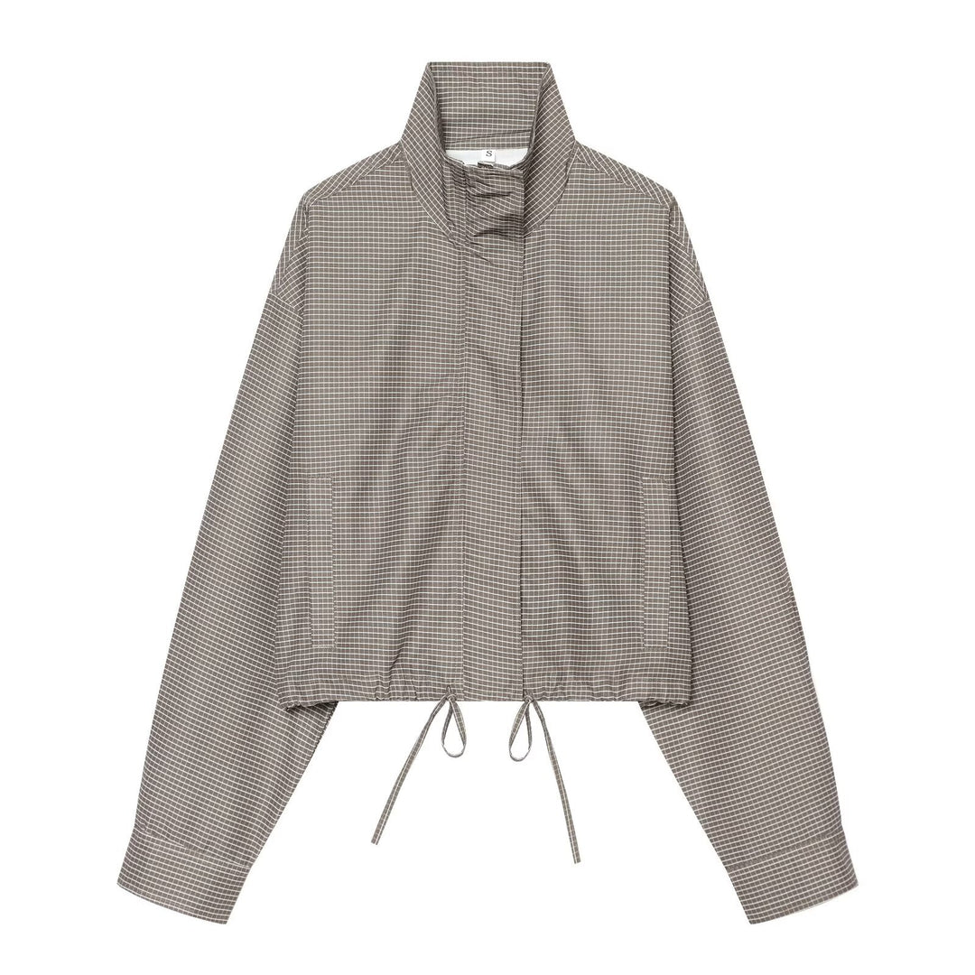 Women Short-Cut Oversized Windbreaker with Stand-Up Collar and Drawstring