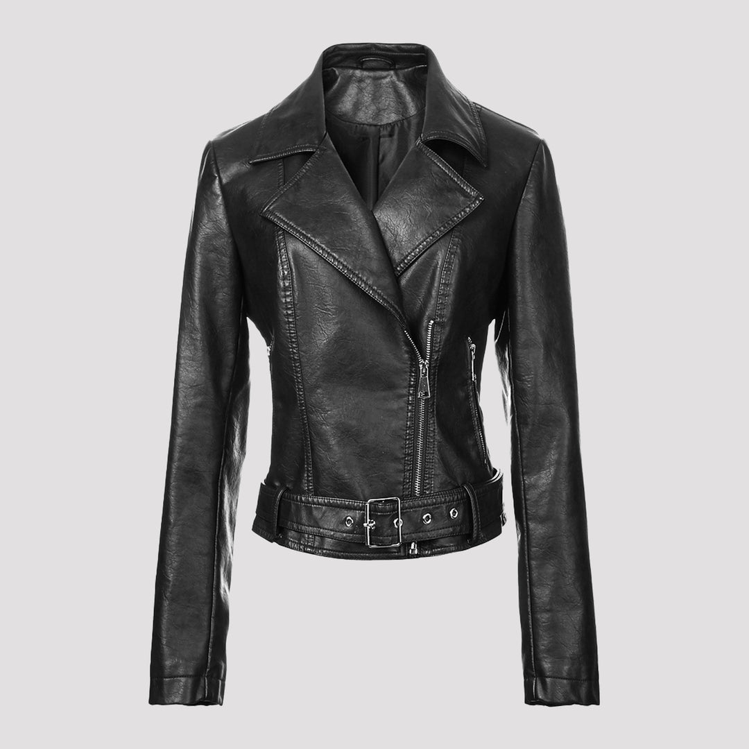 Women's short tailored leather biker jacket with waist belt and asymmetrical zipper Mune Fashion