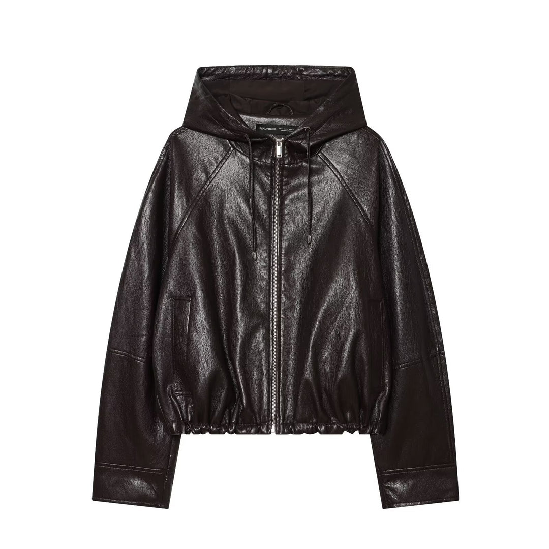 Women's Hooded Leather Bomber Jacket with Zipper, Drawstring and Elastic Hem Mune Fashion