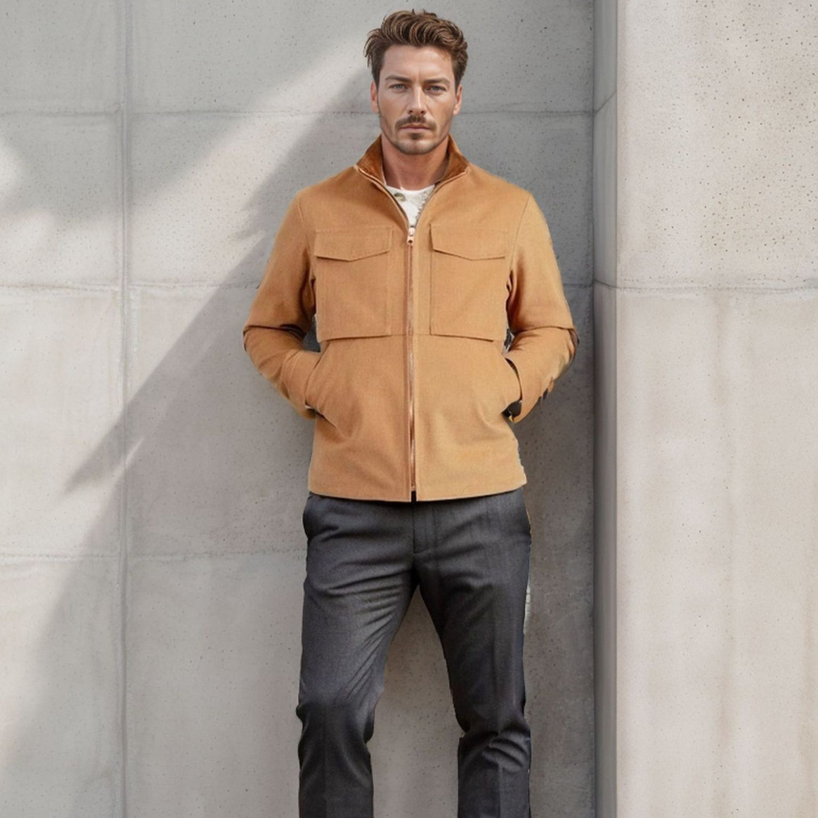 Men's Short Denim Field Jacket with Stand-Up Collar, Zipper, and Applied Chest Pockets Mune Fashion