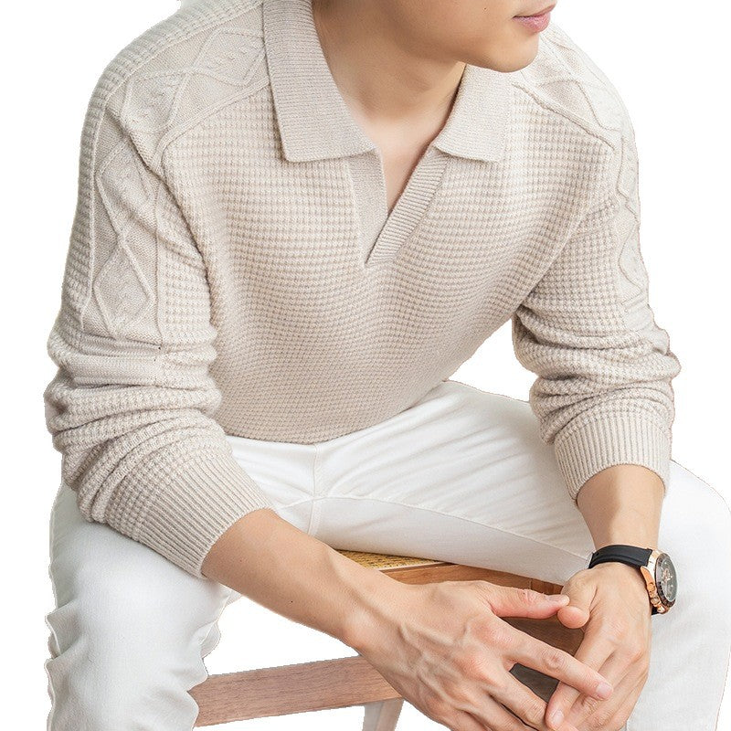 Men's polo sweater with textured waffle knit and cable pattern sleeves Mune Fashion
