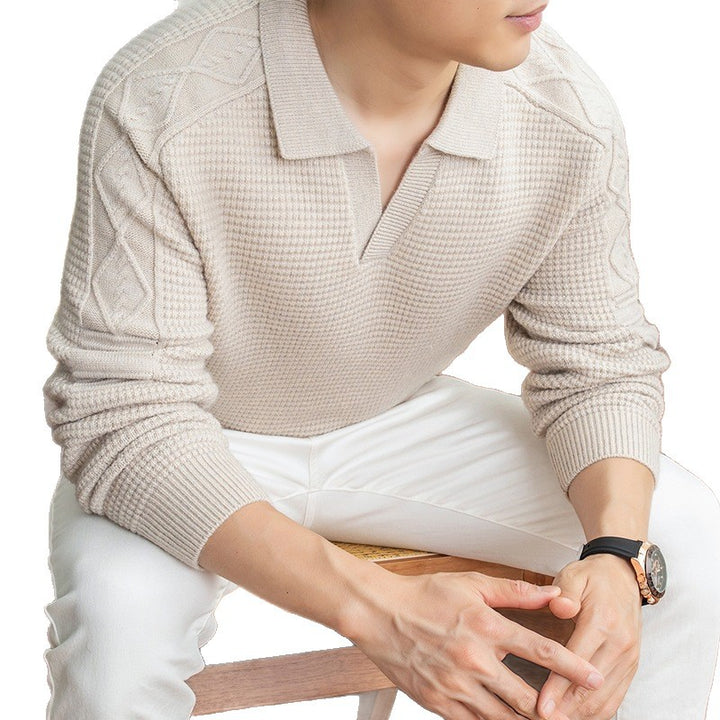 Men's polo sweater with textured waffle knit and cable pattern sleeves Mune Fashion