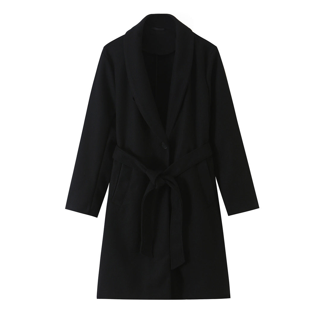 Women's Midi-Length Wool Blend Coat with Shawl Collar and Tie Belt Mune Fashion