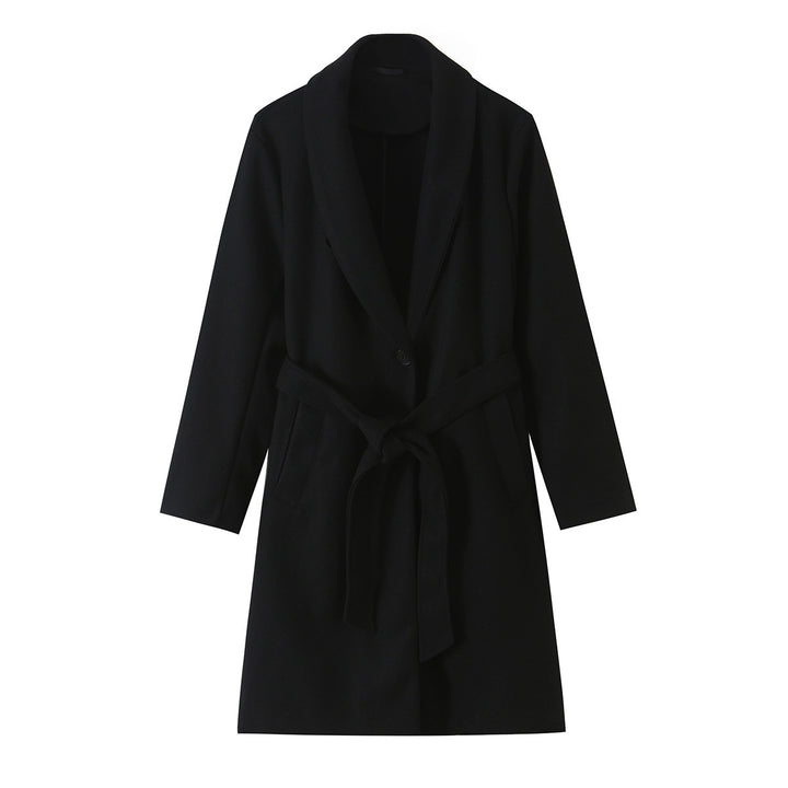 Women's Midi-Length Wool Blend Coat with Shawl Collar and Tie Belt Mune Fashion