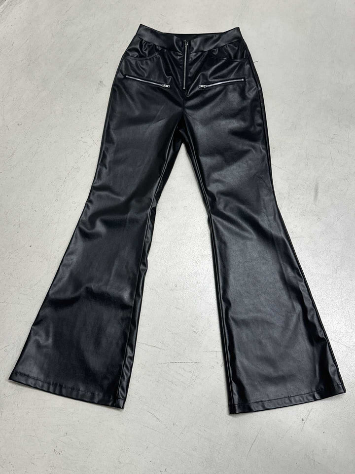 Women High-Waisted Faux Leather Flared Pants with Front Zipper and Decorative Zipper Pockets Mune Fashion
