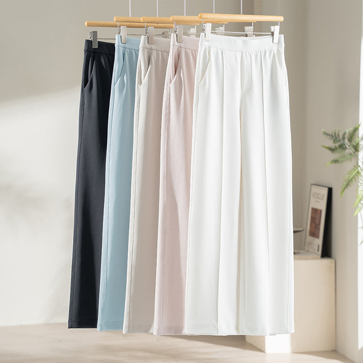 Women's Wide Palazzo Pants made of Ponte Jersey with Elastic Comfort Waistband and Pressed Pleat Mune Fashion