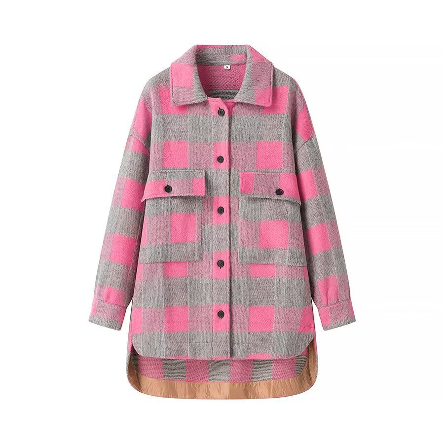 Women Oversize Checked Shirt Jacket with Applied Flap Pockets and Extended Hem Mune Fashion