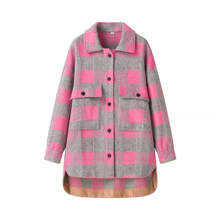 Women Oversize Checked Shirt Jacket with Applied Flap Pockets and Extended Hem Mune Fashion
