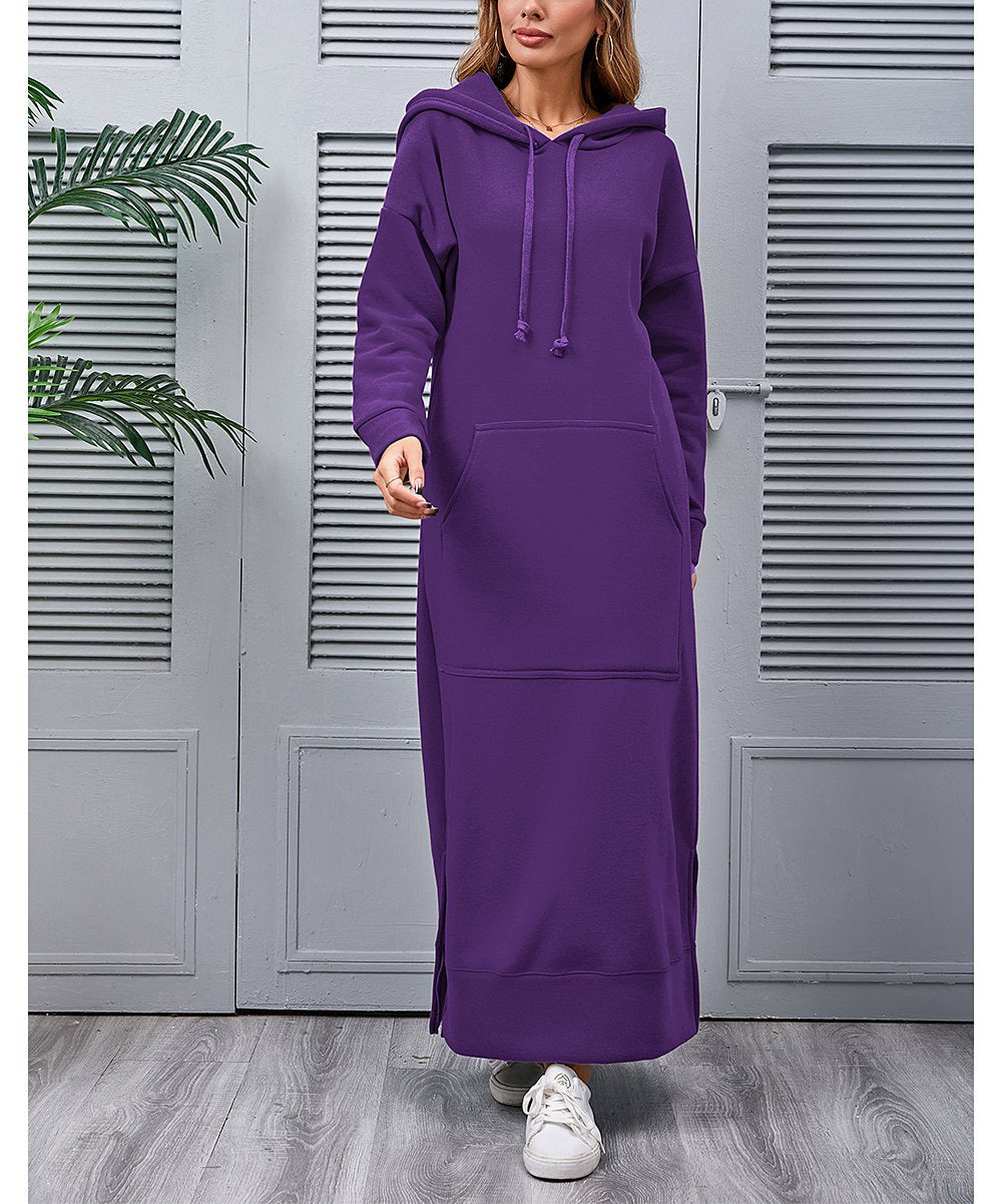Women's long hooded sweat dress with kangaroo pocket, side slits and loose oversized fit Mune Fashion