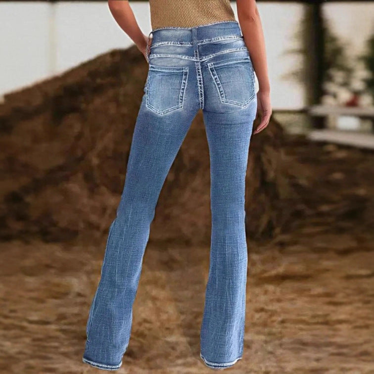 Women High-Waist Bootcut Jeans with sculpting seam design and light vintage finish Mune Fashion