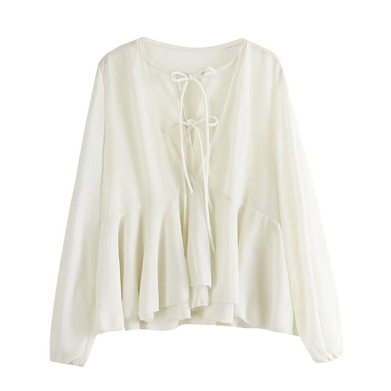 Women Soft Chiffon Blouse with Lacing, V-Neck and Ruffle Hem Mune Fashion