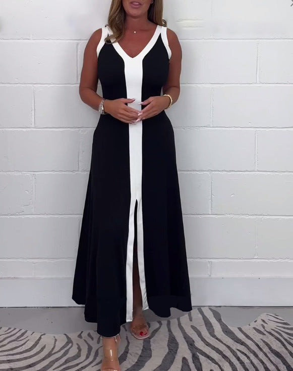 Women's tailored V-neck train dress with contrasting center yoke and central front slit Mune Fashion