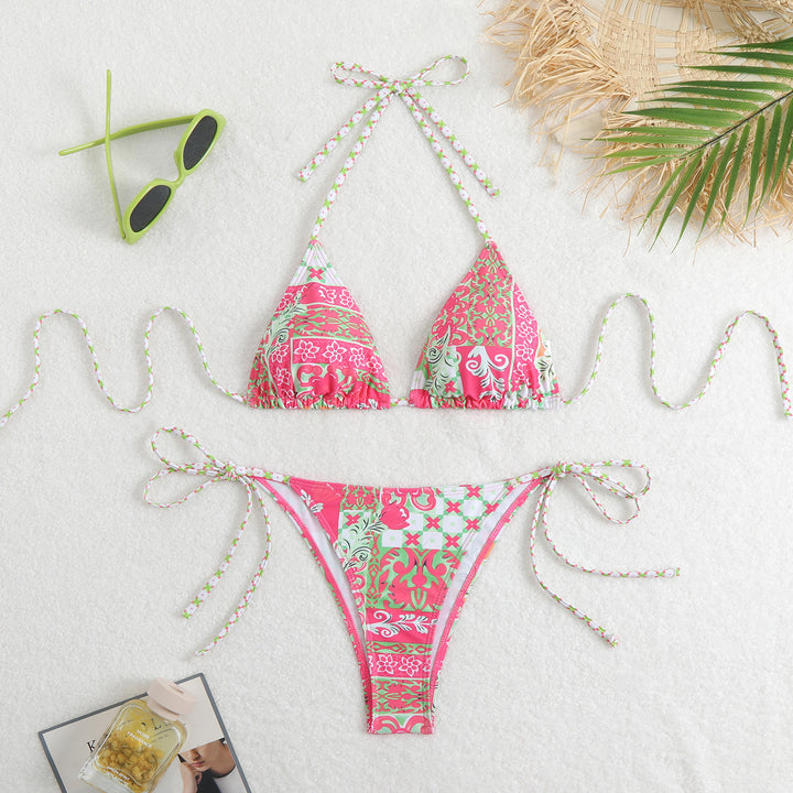 Women's Triangle Bikini Set with Playful Floral Pattern and Fine Ties Mune Fashion