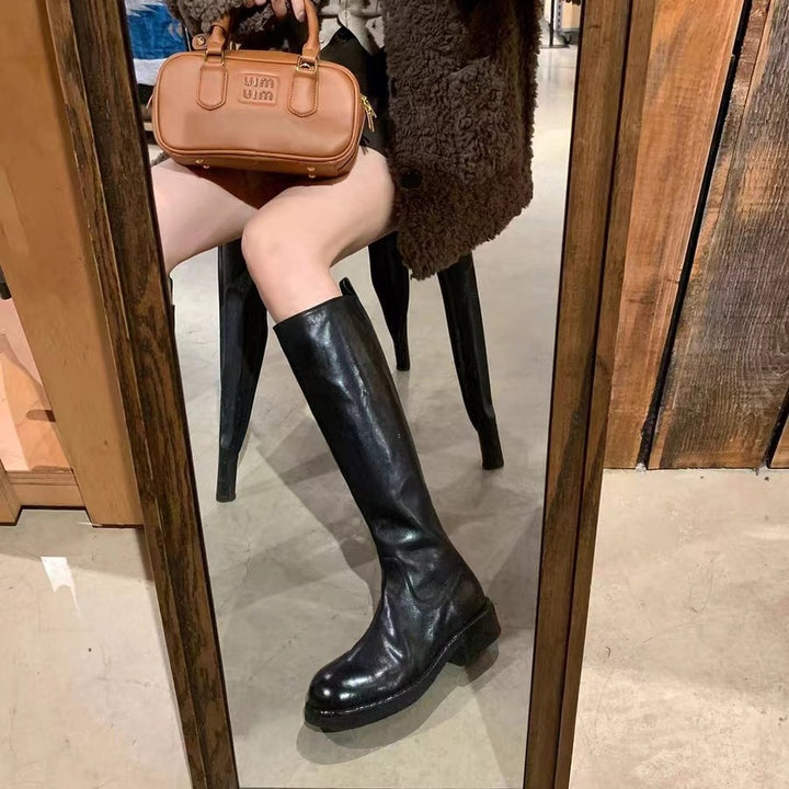 Women Knee-high Smooth Leather Boots with Hidden Zipper and Shock-absorbing Outsole Mune Fashion