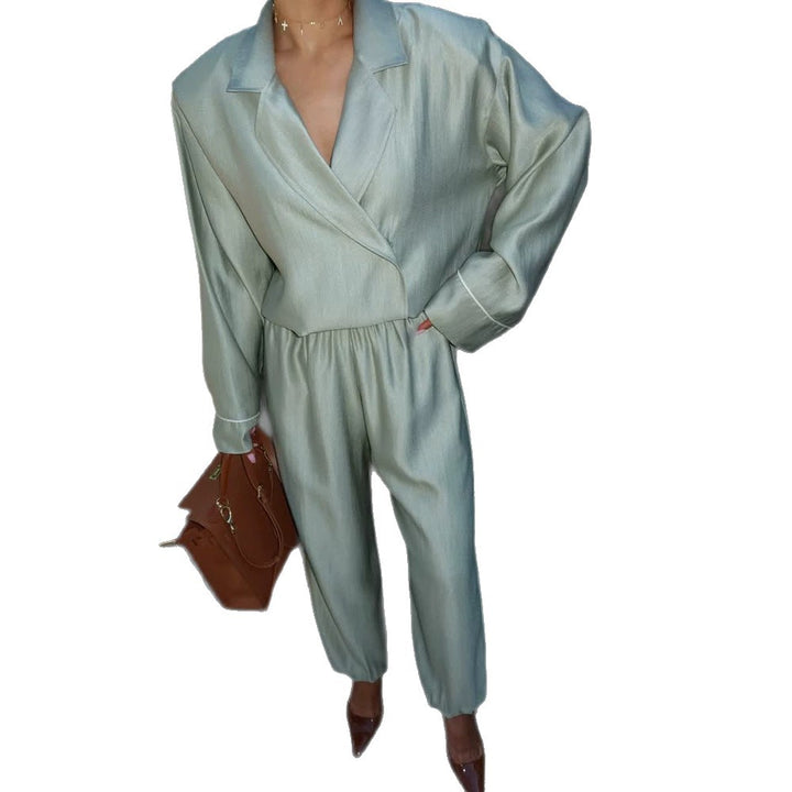 Women's satin two-piece set with wrap blouse, wide pants and elastic waistband Mune Fashion