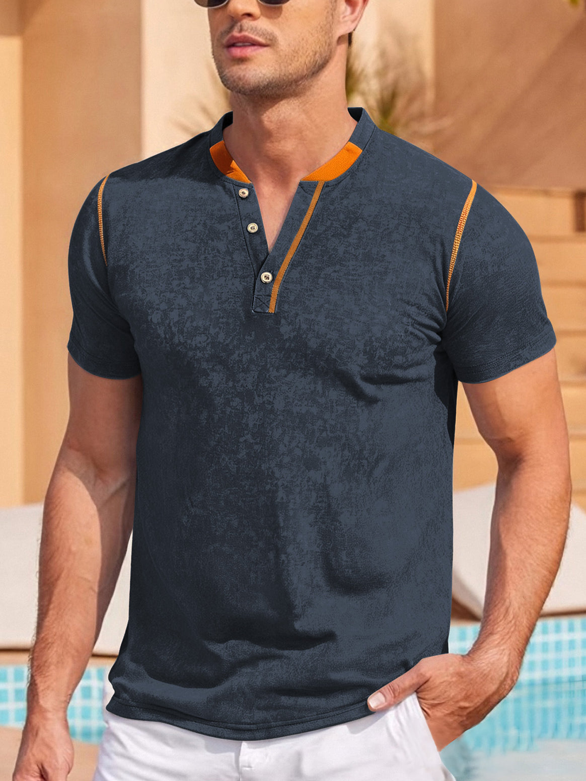Men's casual short sleeve Grandad shirt with short button placket, contrast piping and washed soft structure Mune Fashion