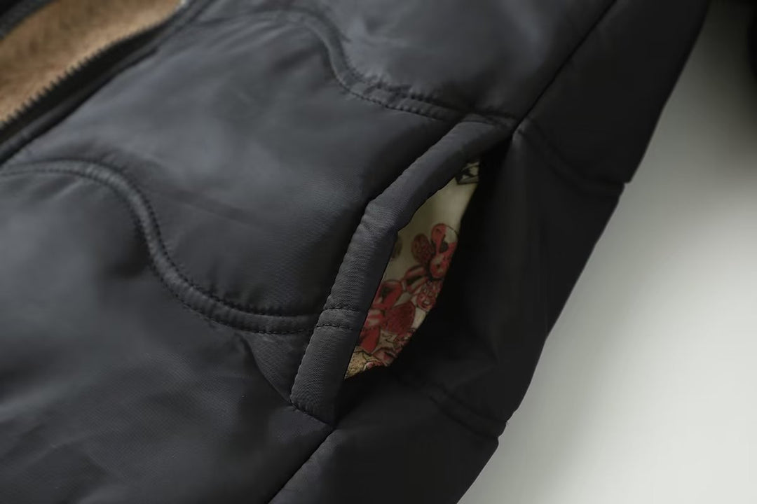 Women's A-line quilted coat with hood, teddy lining, and two-way zipper Mune Fashion