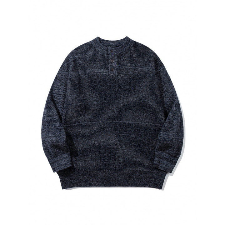 Unisex Oversize Chunky Knit Henley Sweater with Melange Structure and Ribbed Finishes Mune Fashion