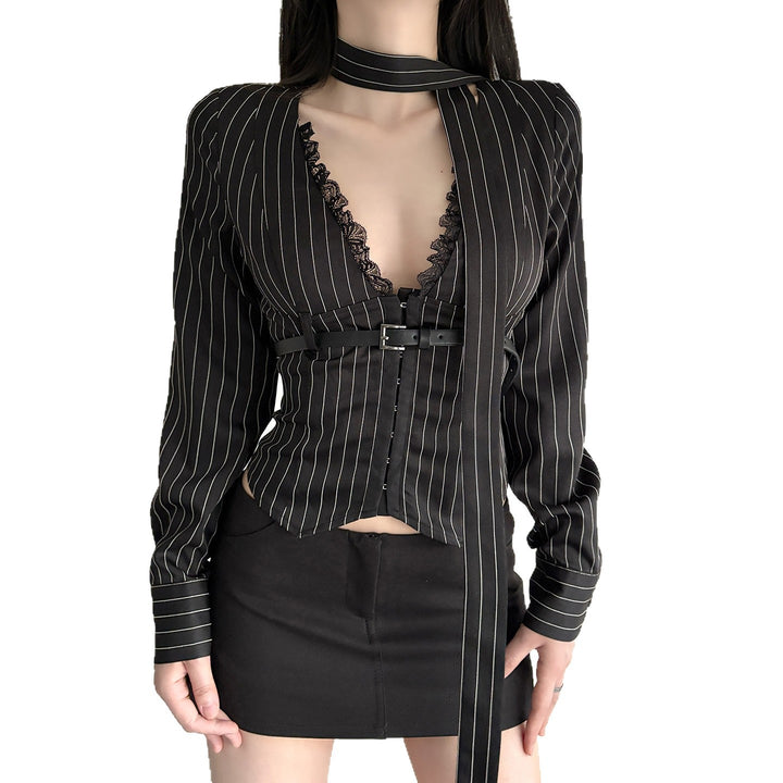 Women's tailored long-sleeve shirt with twist V-neck, shirt collar and pinstripe look Mune Fashion